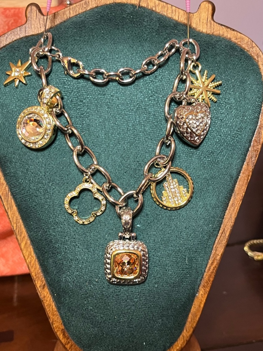 Gold & Silver Two-Tone Charm Bracelet w/Amber Crystals, Stars, Skyline ❤️🍀